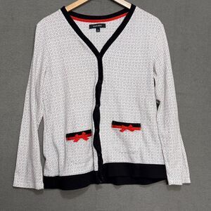 Ellen Tracy Cardigan Sweater Large Button Down Cotton Pockets with Bows V-Neck